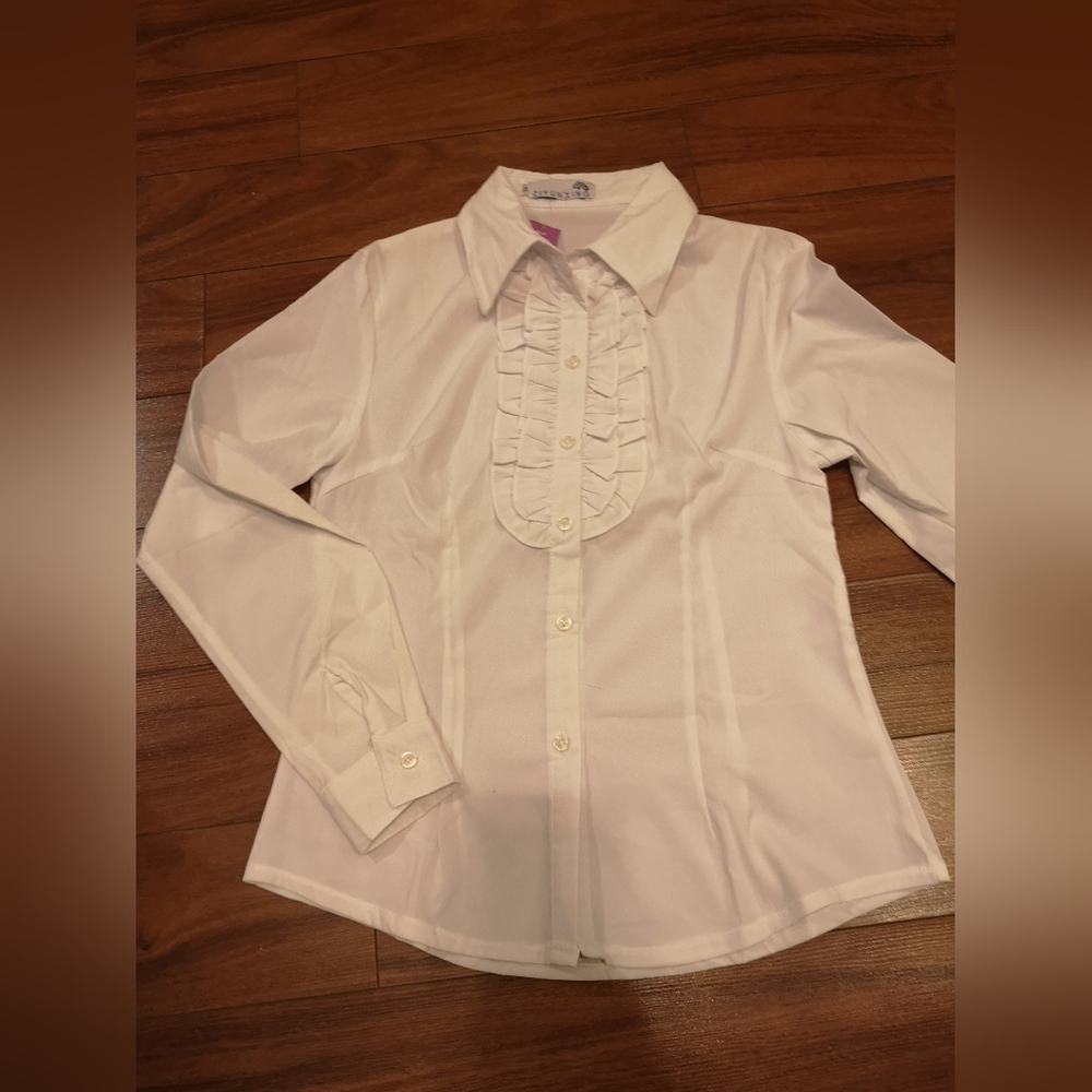 NWT Ladies White Ruffled Button-Up Shirt